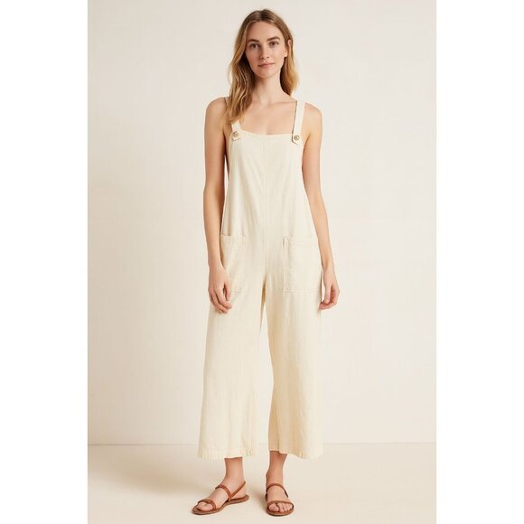 4our Dreamers Tan Linen Blend Cropped Wide Leg Overalls Boho size Medium - Picture 1 of 5